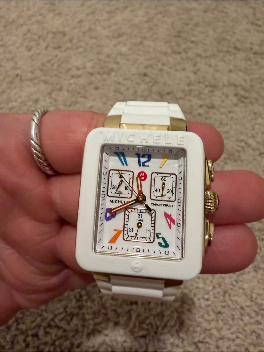 Michele Park Watch White & Gold Chronograph Colorful Dial